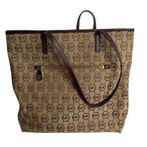 Michael Kors Tan Beige MK Logo Tote with Brown Trim